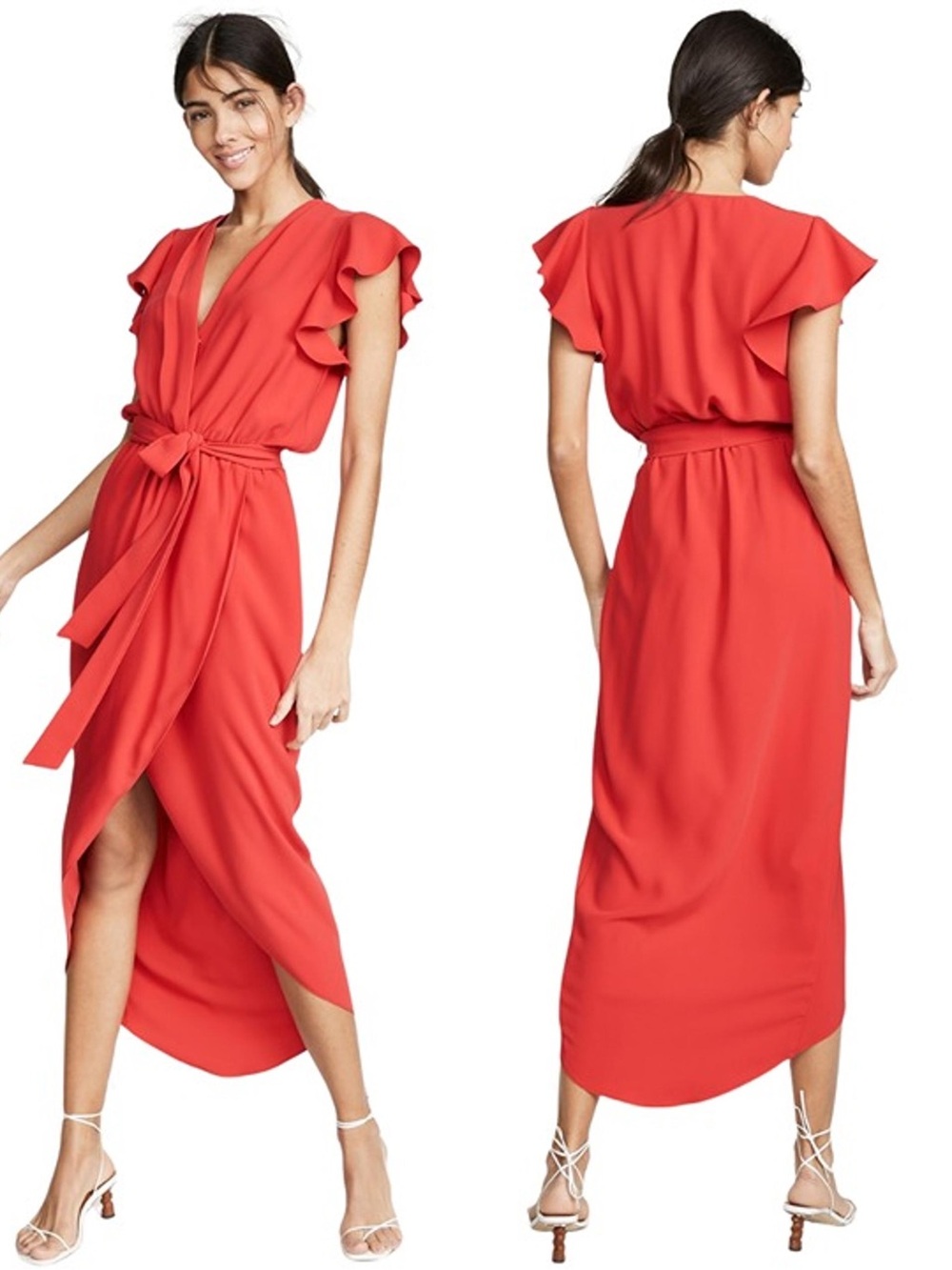 Amanda Uprichard Red Wrap Midi Dress with Ruffle Sleeves